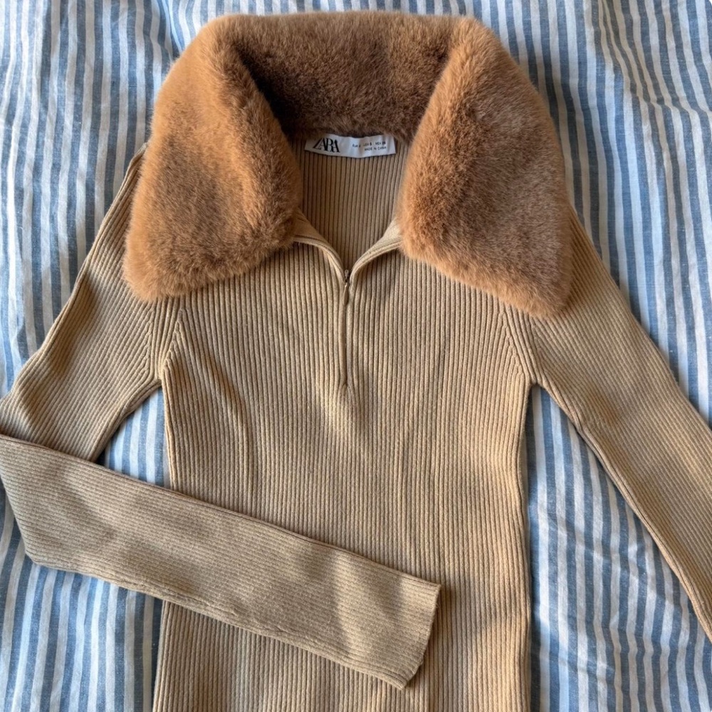 Beige Zara women's ribbed knit sweater